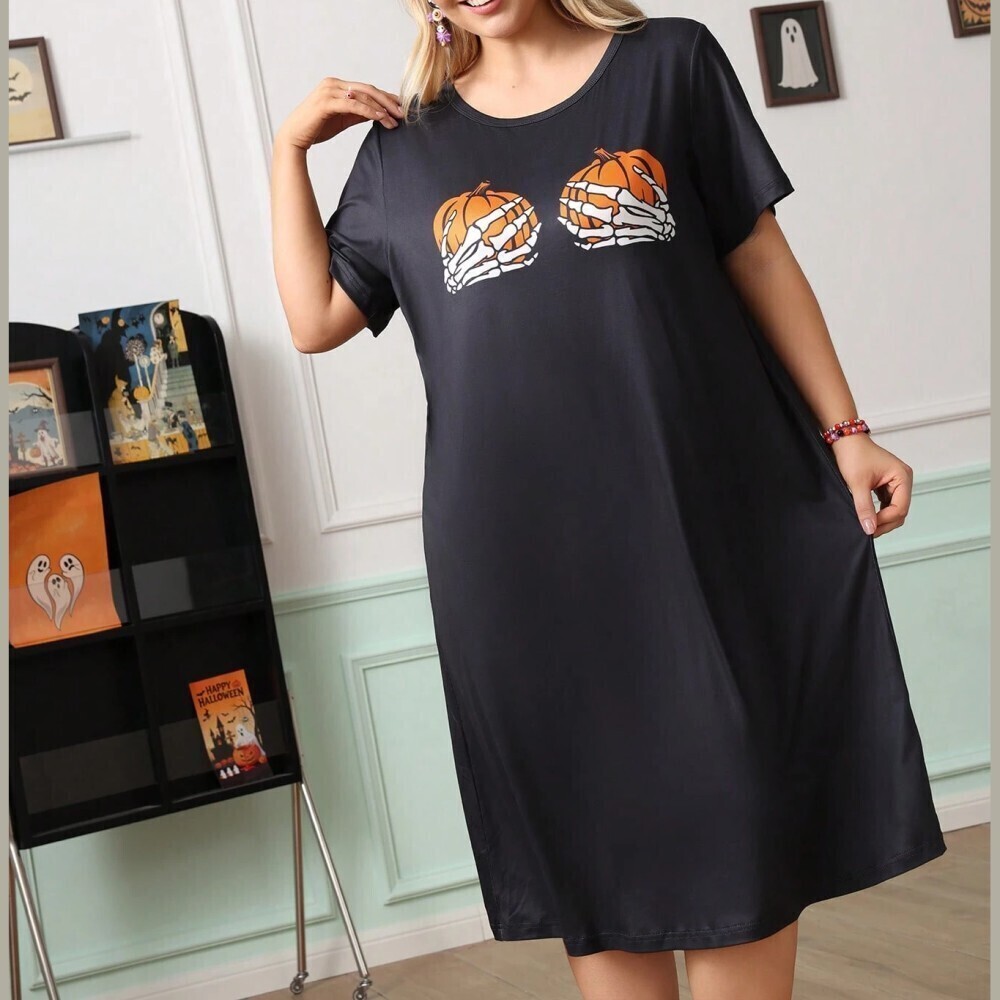 Black Skeleton Hands Pumpkin Graphic Sleep Slip Dress